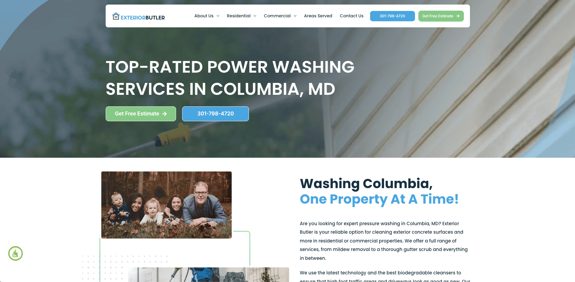 Screenshot of a website for Exterior Butler featuring “Top-Rated Power Washing Services in Columbia, MD,” with buttons for a free estimate and phone number, and images of a family and exterior cleaning services.