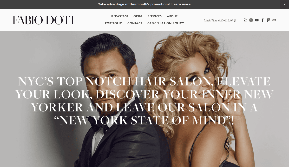 A well-dressed man and woman posing together, both with stylish hair, in front of text promoting Fabio Doti hair salon and its New York-inspired services.