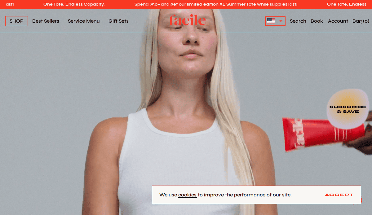 A woman with long blonde hair, wearing a white sleeveless top, stands against a plain background. A red product is being held near her. Pop-up messages and navigation menus appear on the website.