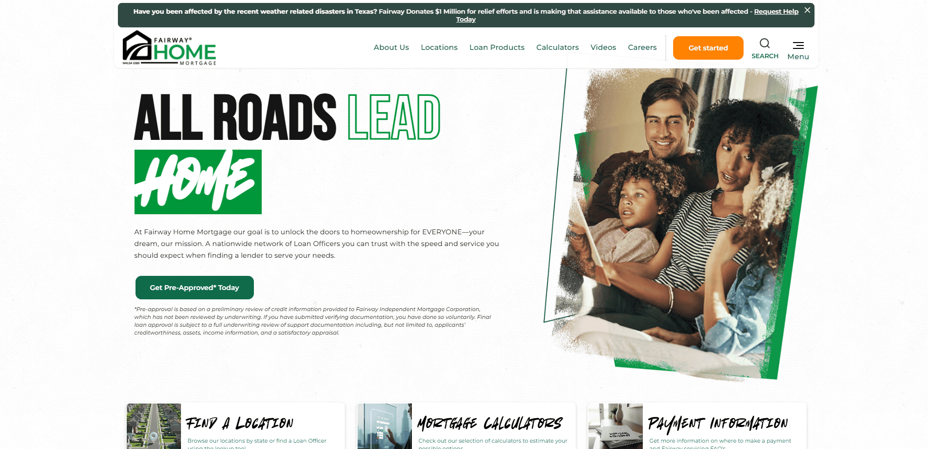 Screenshot of Fairway Independent Mortgage Corporation’s homepage featuring a family sitting on a couch, smiling and looking at a tablet. The text headline reads, “All Roads Lead Home.” Navigation and service options are visible.