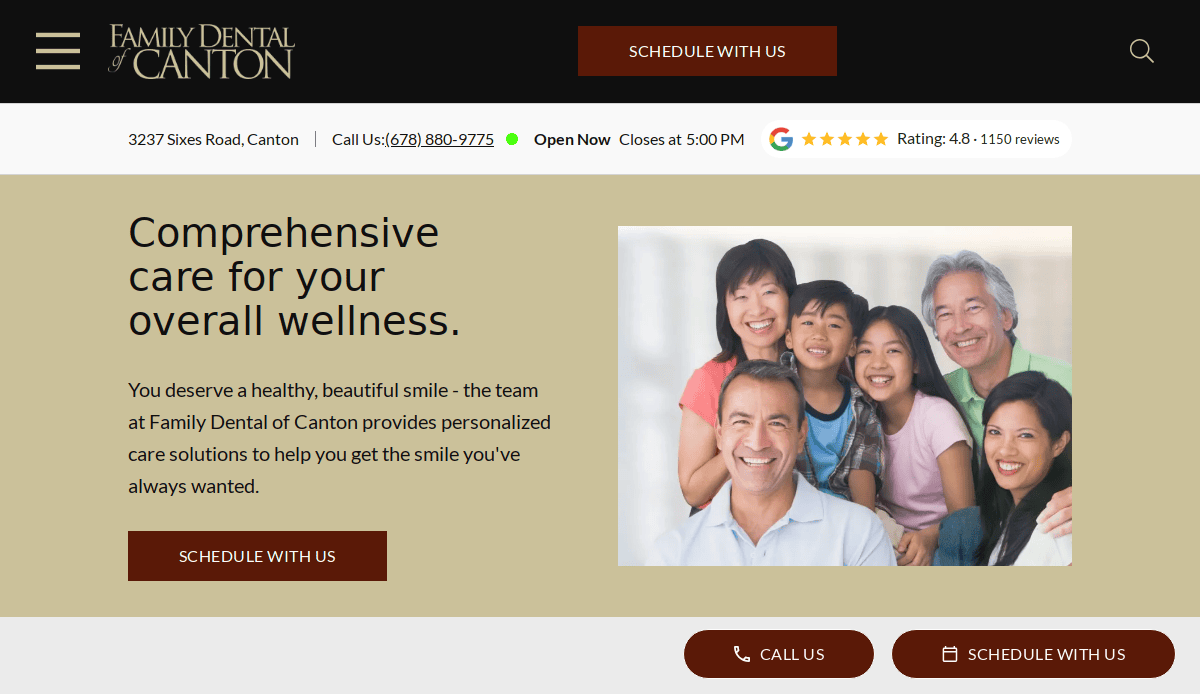 Screenshot of Family Dental of Canton’s website, showing a smiling, multi-generational family on the right and information about dental care services and contact options on the left. The top menu includes phone number and business hours.