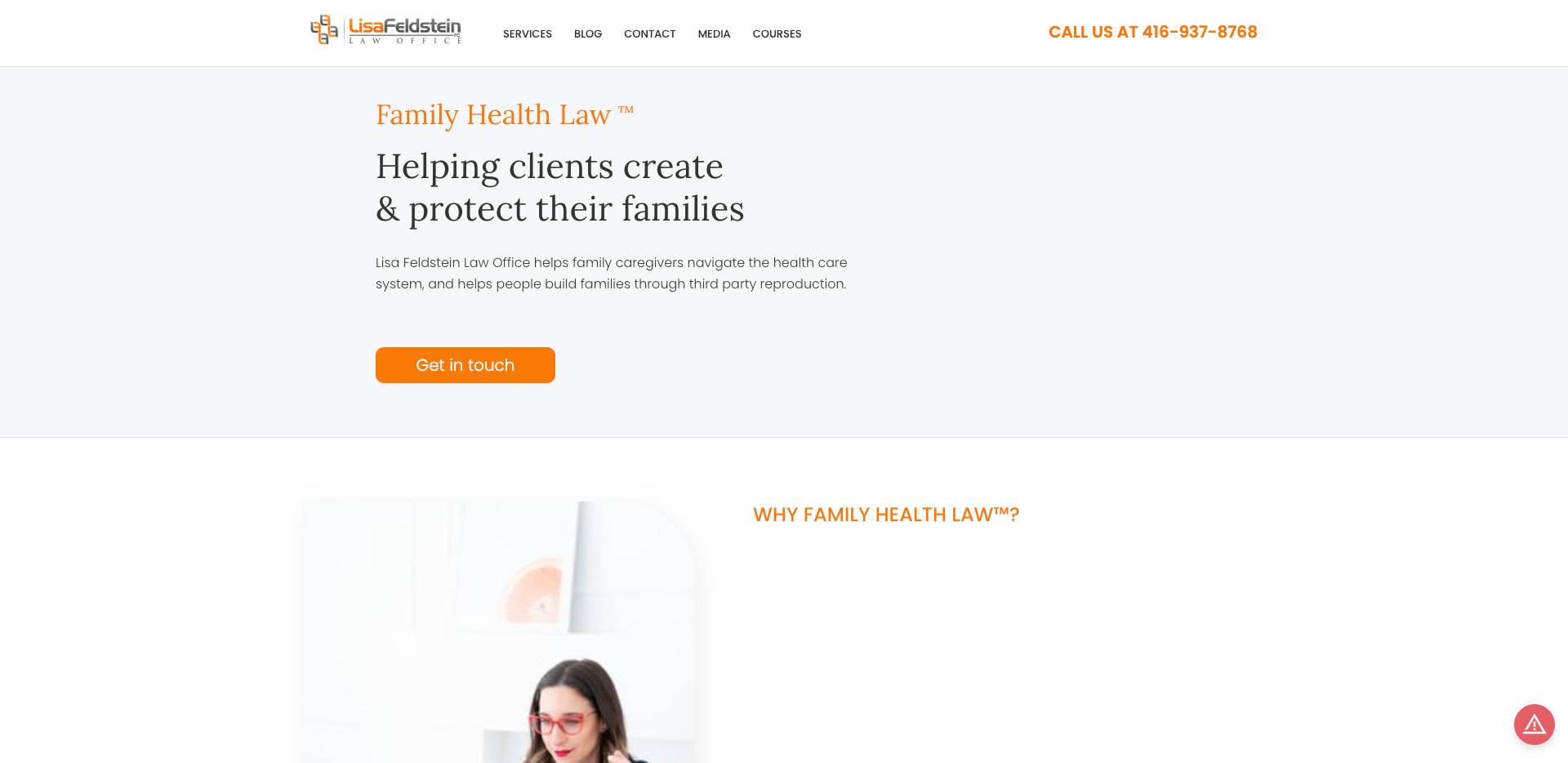 Screenshot of a law office website. The header reads Family Health Law™ with a tagline about helping clients create and protect their families. There is a Get in touch button and a visible phone number in orange.