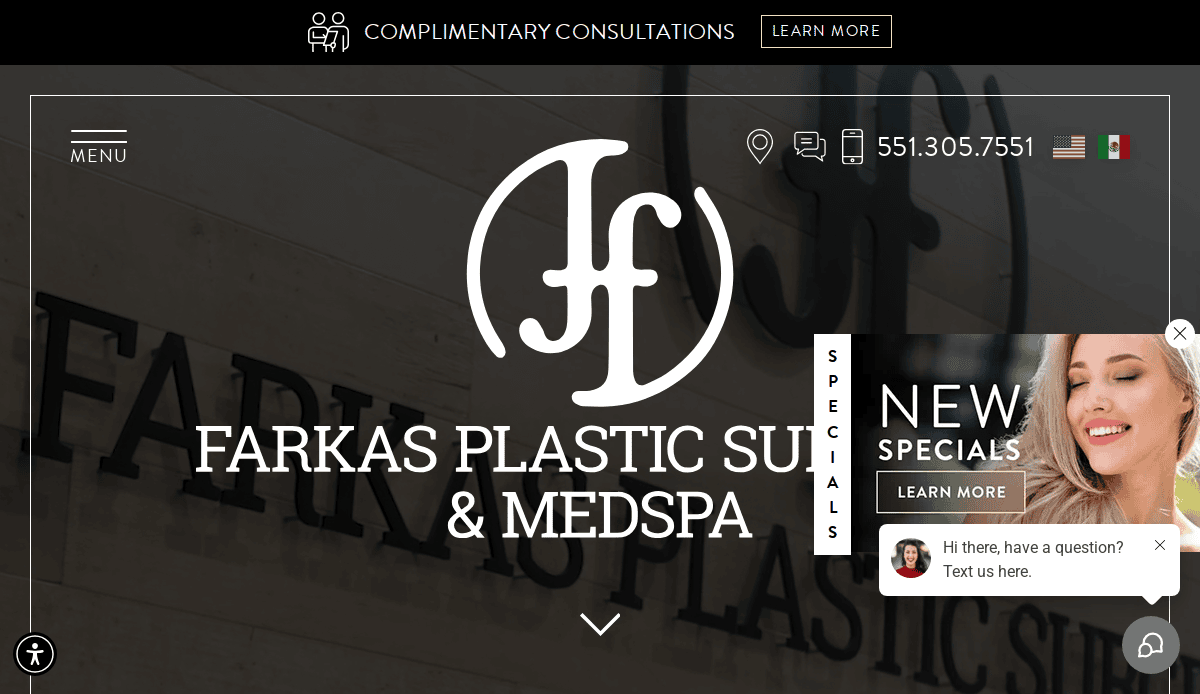 Homepage of Farkas Plastic Surgery & MedSpa featuring the clinic logo, contact number, language options, menu button, and a pop-up advertising new specials with a chat support window.