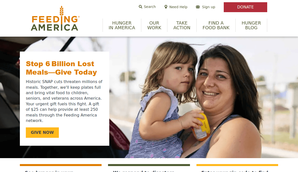 A woman smiles while holding a young girl outdoors. The Feeding America logo is at the top, with navigation links and a red Donate button. A highlighted box urges donations to help offset lost meals due to SNAP cuts.