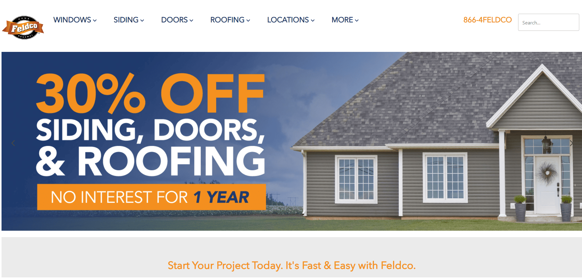 A promotional banner for Feldco offers 30% off siding, doors, and roofing with no interest for one year, shown next to a modern gray house with white windows and green grass.
