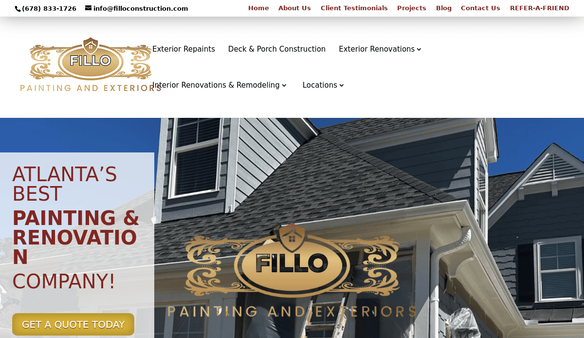 Screenshot of the Fillo Painting and Exteriors website, showing a house exterior, the company logo, contact info, navigation menu, and a banner reading Atlanta’s Best Painting & Renovation.