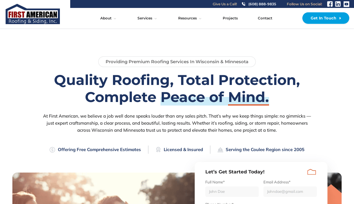 Screenshot of the First American Roofing & Siding, Inc. website homepage, featuring a navigation bar, a blue and white color scheme, and a headline promoting roofing services in Wisconsin and Minnesota.