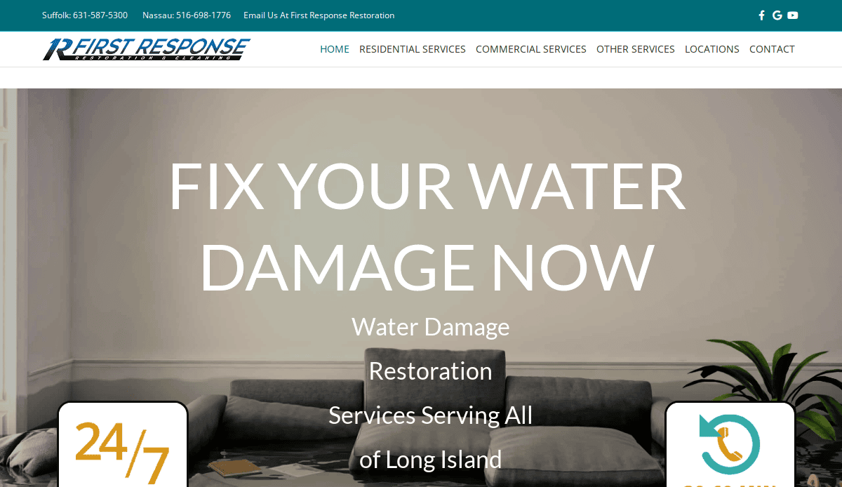 A website homepage for First Response Restoration with a large text reading FIX YOUR WATER DAMAGE NOW over a living room image. The menu lists services, contact info, and icons for social media at the top.