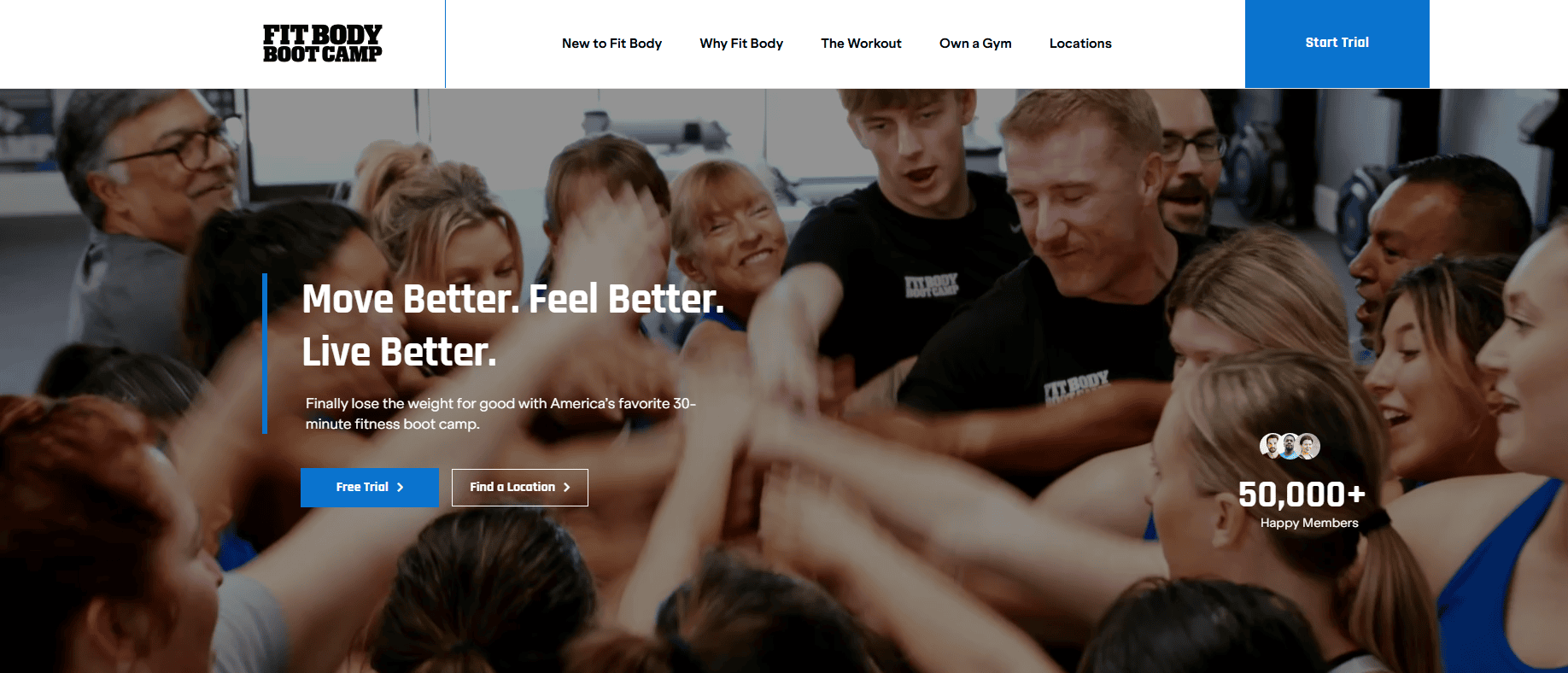 A diverse group of people in workout attire join hands in a team huddle, smiling and celebrating inside a gym. Text on the image promotes Fit Body Boot Camp and highlights community and fitness benefits.