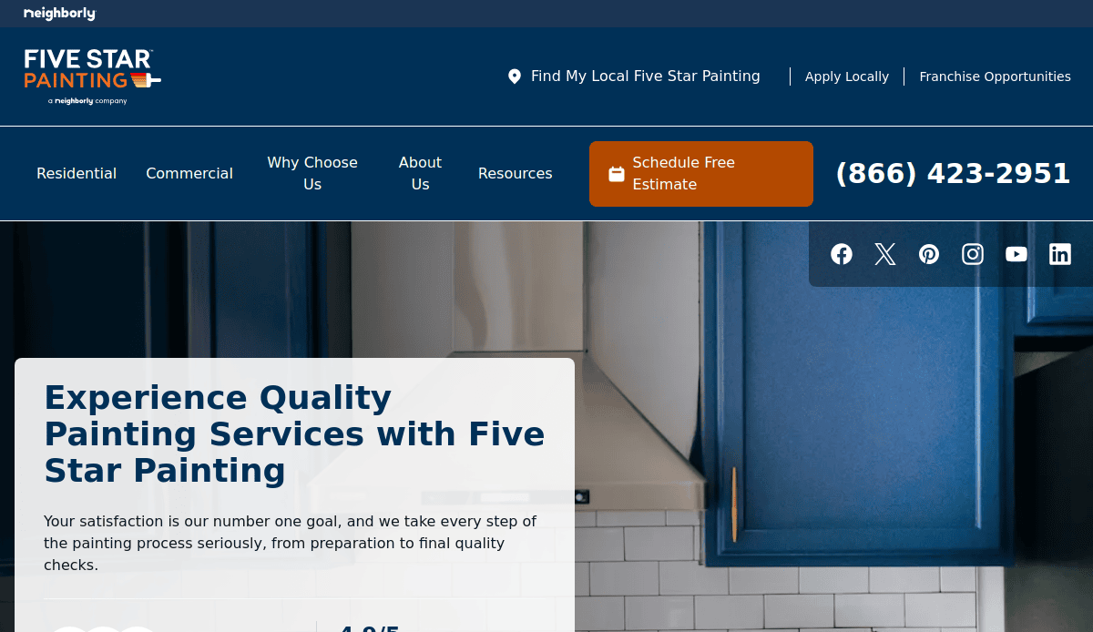 A website homepage for Five Star Painting, showing a blue and white kitchen background, navigation menu, contact number, and a highlighted button to schedule a free estimate. Text promotes quality painting services.