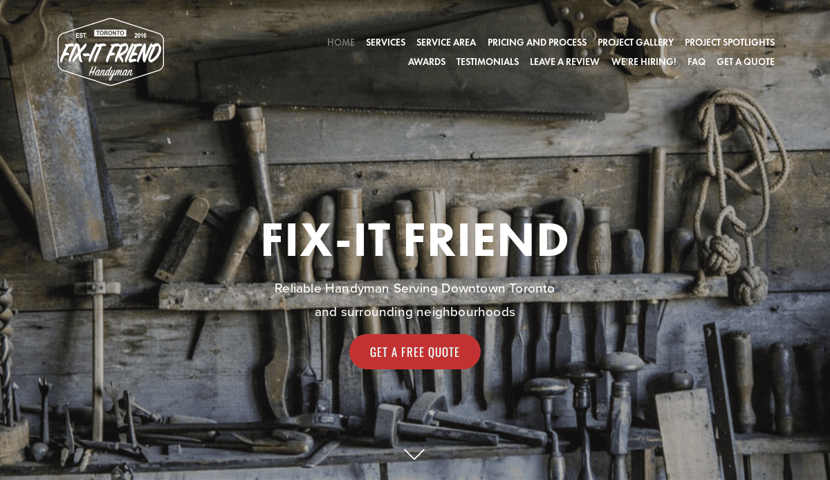 A rustic workbench with various vintage hand tools hanging on a wood wall. Overlay text reads FIX-IT FRIEND: Reliable Handyman Serving Downtown Toronto with a red Get a Free Quote button below.