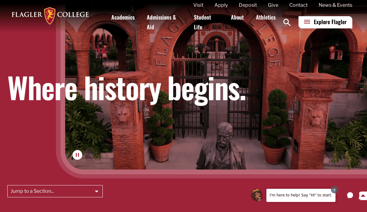 Screenshot of Flagler Colleges website homepage featuring the campus entrance, a statue, potted plants, and the text Where history begins. Navigation menus and a chat help box are also visible on the page.