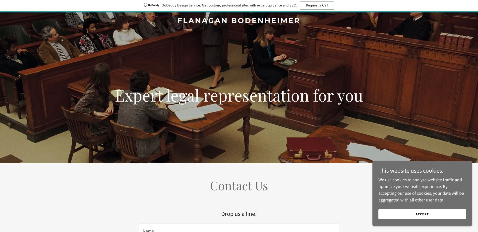 A courtroom scene with lawyers seated at tables, a judge, jury, and observers present. The text Expert legal representation for you and Flanagan Bodenheimer is displayed over the image. A contact form and cookie notice appear at the bottom.