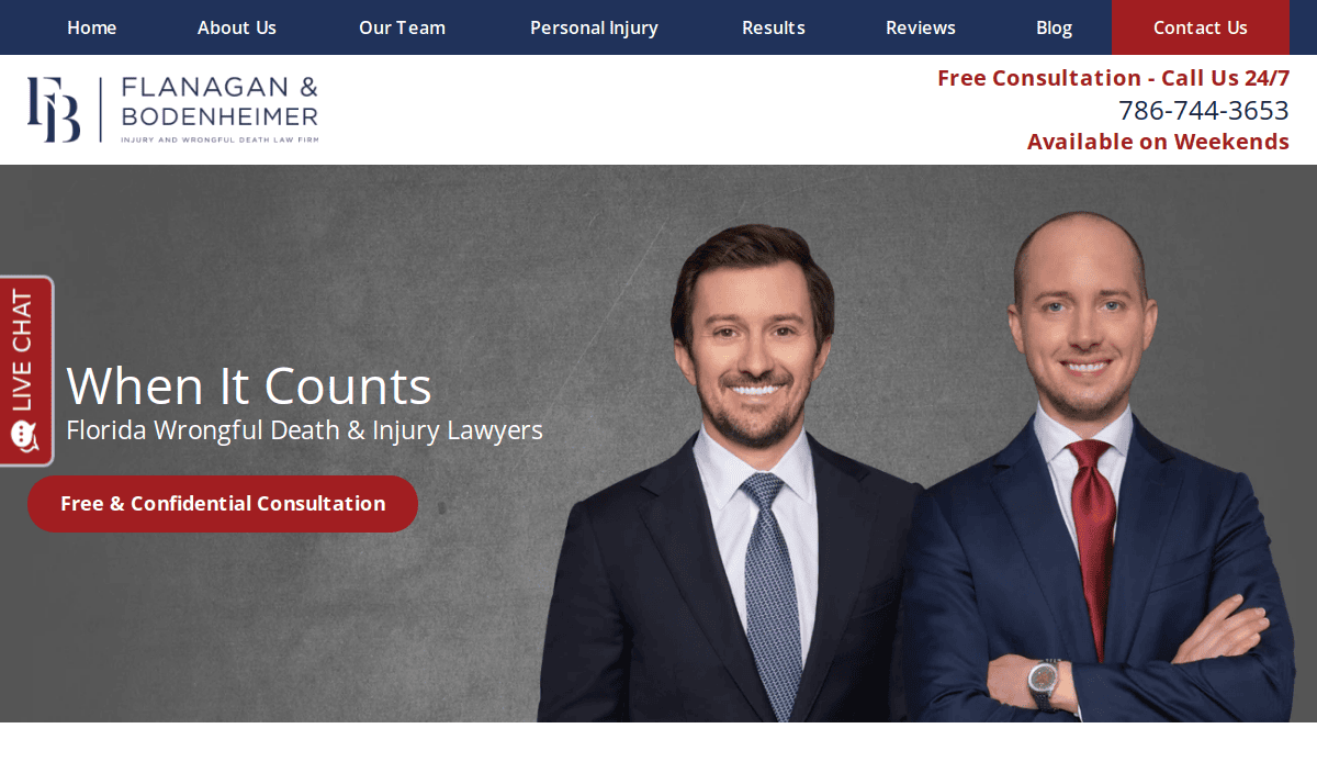 Two male lawyers in suits stand side by side, smiling, on a law firms website. Text reads: When It Counts, Florida Wrongful Death & Injury Lawyers with a red button for a free, confidential consultation. Firm contact info is visible.