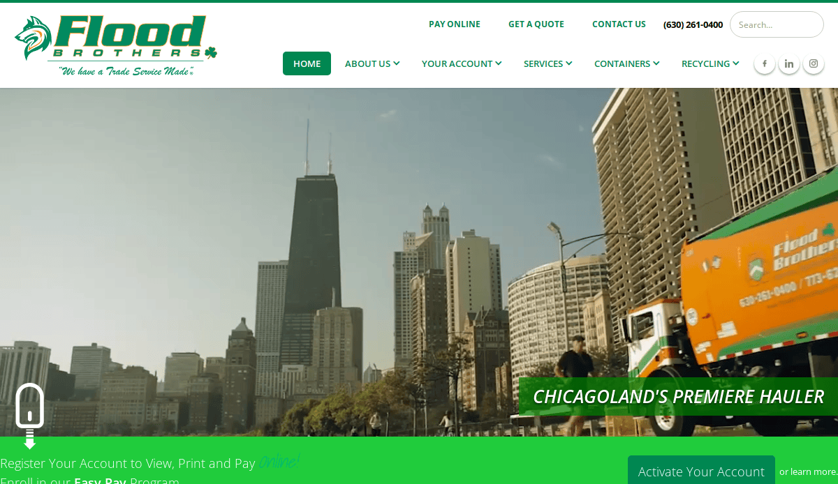 Downtown Chicago skyline with tall buildings and the John Hancock Center, viewed from street level, with a Flood Brothers waste disposal truck in the foreground and a green banner reading “CHICAGOLANDS PREMIER” on the image.