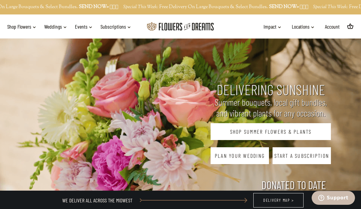 A close-up of a person holding a colorful bouquet of pink, yellow, and white flowers. The website header reads Flowers for Dreams and promotes summer bouquets, shop options, and wedding planning.