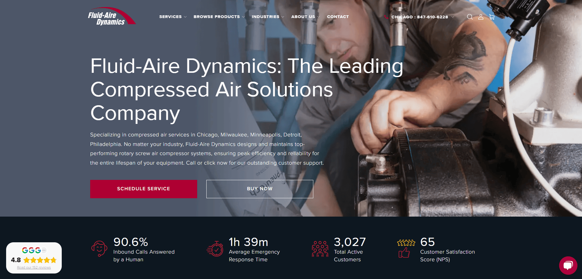 A close-up of a mechanic working on machinery, overlaid with Fluid-Aire Dynamics branding and menu. The text highlights the company as a leading compressed air solutions provider, with service stats and buttons for scheduling or buying.