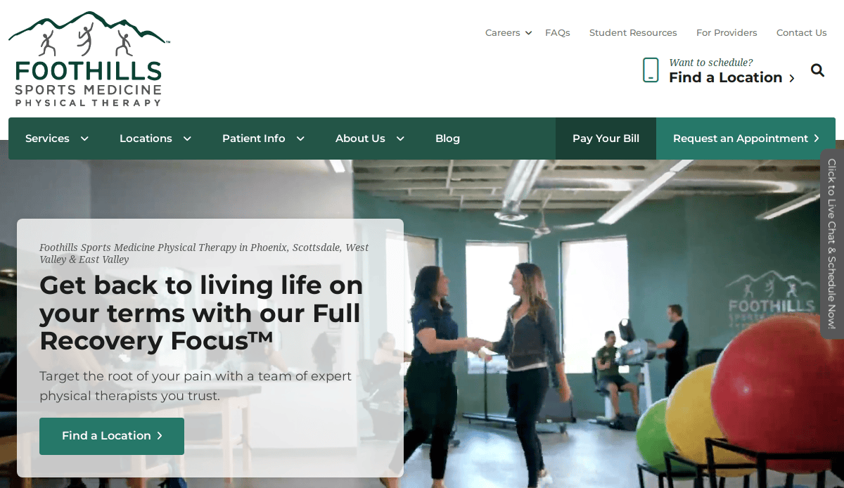 Two women shake hands in a bright physical therapy clinic with exercise equipment, large windows, and a Foothills Sports Medicine Physical Therapy logo in the background. A website menu and patient information overlay the scene.