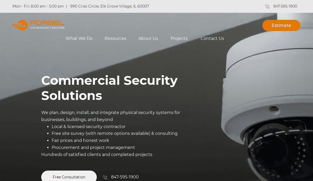 Website homepage for Forbel, a security solutions company, featuring a dome security camera, contact information, navigation menu, and a headline about commercial security services and offerings.