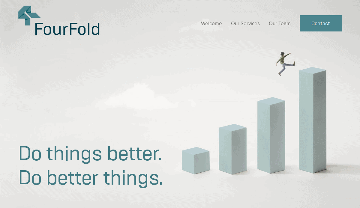 A minimalist website landing page for FourFold shows a logo, navigation menu, and a person jumping across rising 3D columns. Text reads: Do things better. Do better things. and theres a teal Contact button.