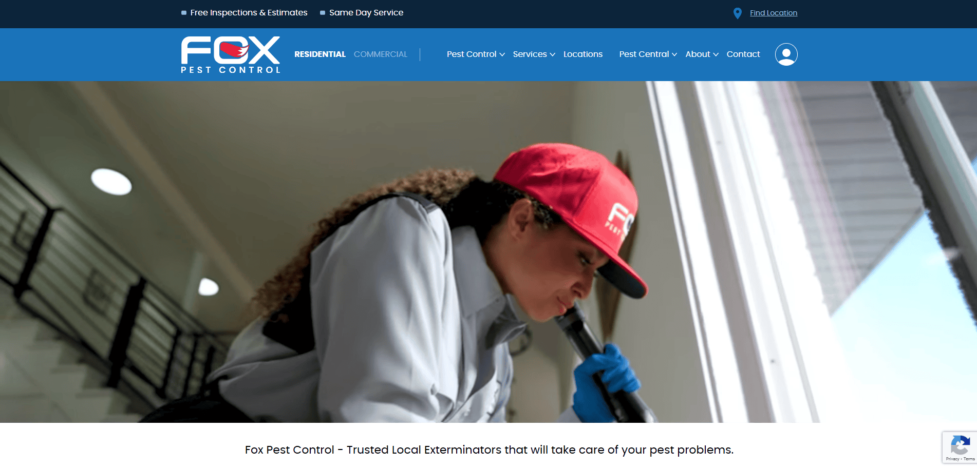 A Fox Pest Control worker in uniform and a red cap inspects a home interior with a flashlight, looking closely at a corner by a window. The website header and navigation menu are visible at the top.