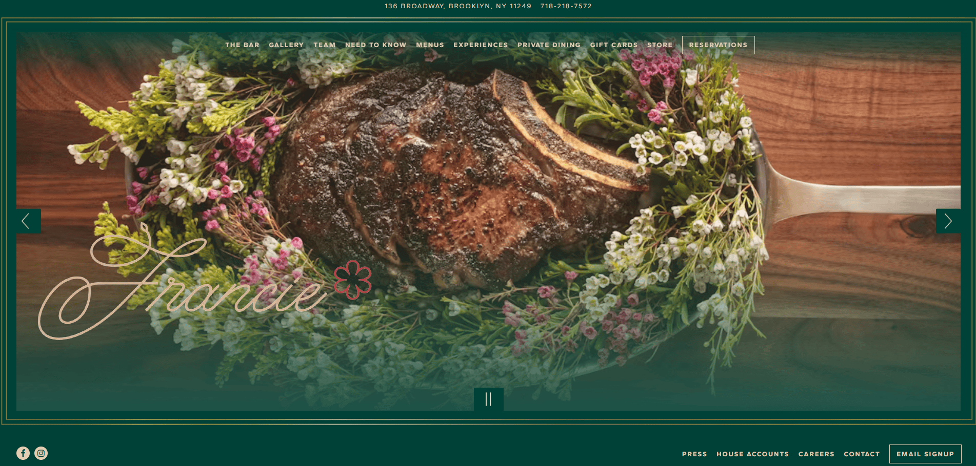 A large, grilled tomahawk steak garnished with sprigs of colorful flowers is presented on a wooden board. The text Francie is elegantly written in script on the left side of the image.