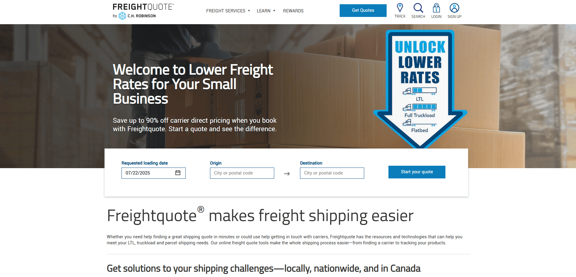 Screenshot of the Freightquote website, showing a welcome message for small businesses, a form to get freight quotes, and a large blue arrow stating Unlock Lower Rates. Background features stacked cardboard boxes.