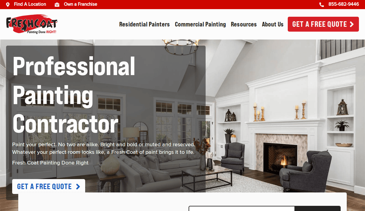 A website homepage for Fresh Coat, a professional painting contractor, featuring a modern living room with white walls, a fireplace, gray furniture, and a call-to-action button for a free quote.