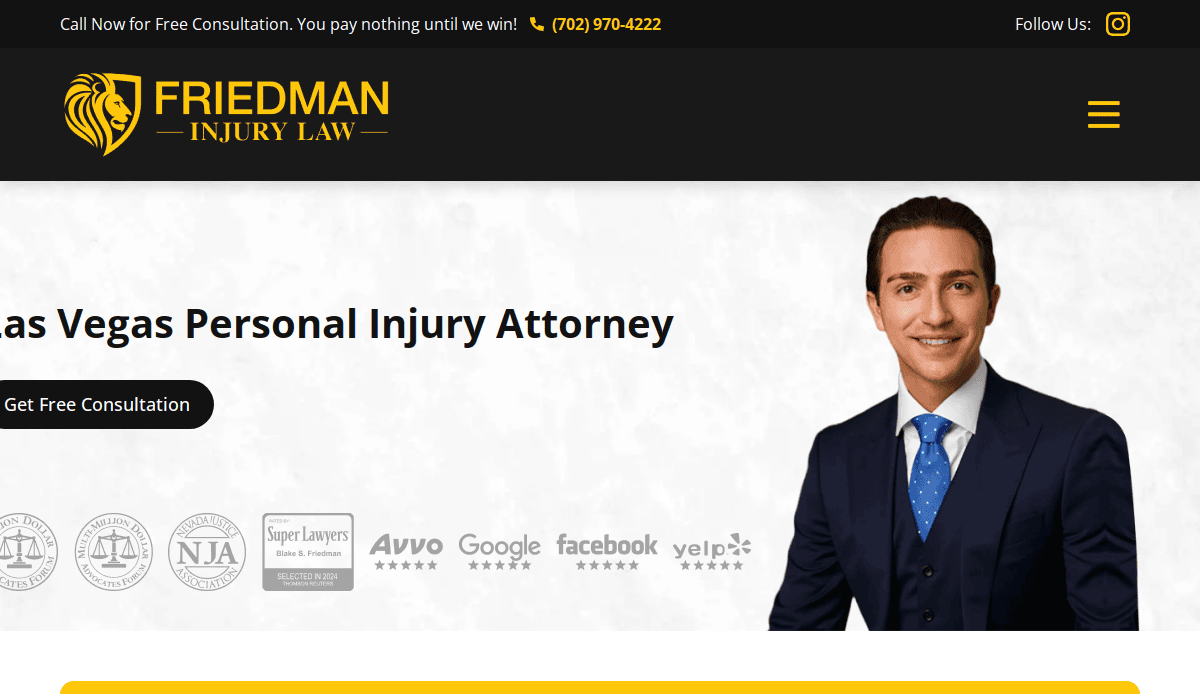 Screenshot of Friedman Injury Law’s website featuring a smiling man in a blue suit and tie, law firm branding, contact number, and icons for awards and review sites like Avvo, Google, Facebook, Yelp, and NJA.