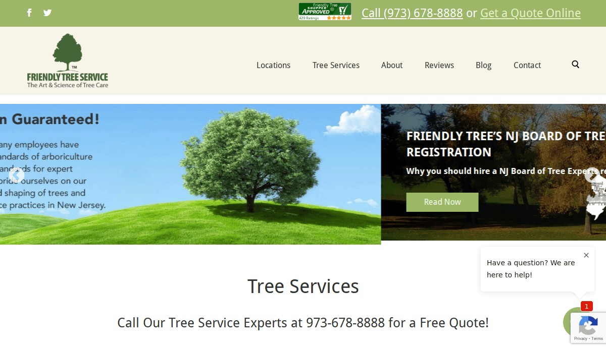 A website homepage for Friendly Tree Service, featuring a single green tree on a grassy hill under a blue sky, and a navigation menu with contact information at the top. A live chat box appears in the lower right corner.