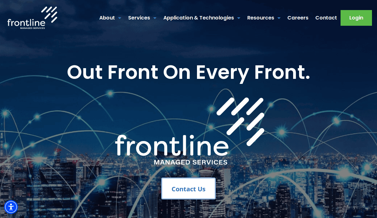 Frontline Managed Services homepage with city skyline background, network lines, company logo, slogan Out Front On Every Front, navigation menu, and Contact Us and Login buttons.