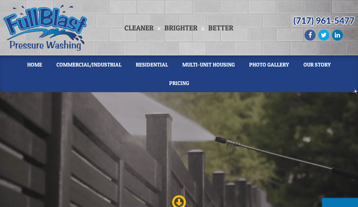 Screenshot of the FullBlast Pressure Washing website, showing their logo, contact number, social media icons, navigation menu, and a background image of a fence being washed with a pressure washer.