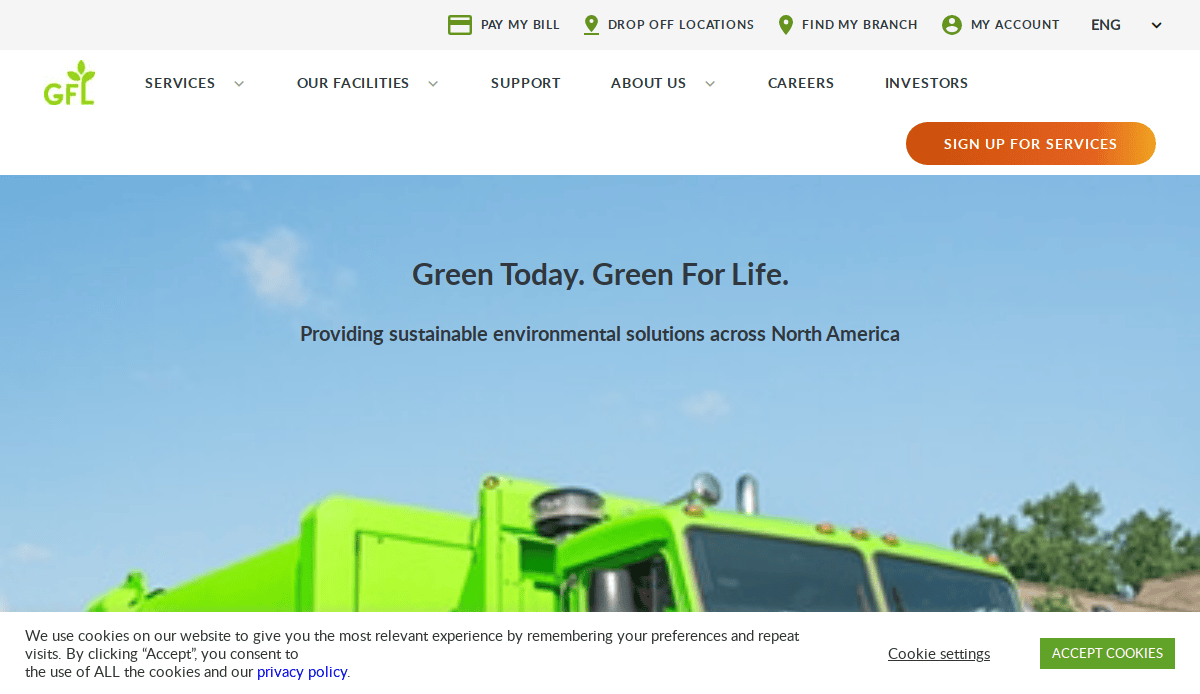 Homepage of GFL Environmental, featuring a green waste management truck and the headline Green Today. Green For Life. promoting sustainable environmental solutions across North America.