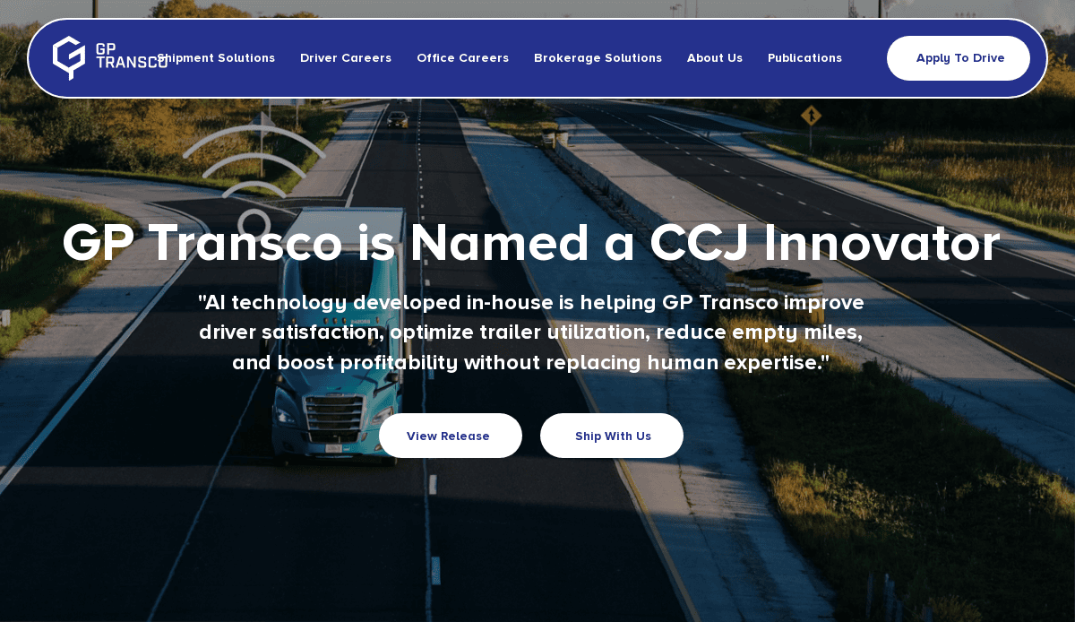 A blue semi-truck drives on a divided highway surrounded by greenery. The text on the image announces GP Transco as a CCJ Innovator, with options to view a release or ship with them. Company branding appears at the top.