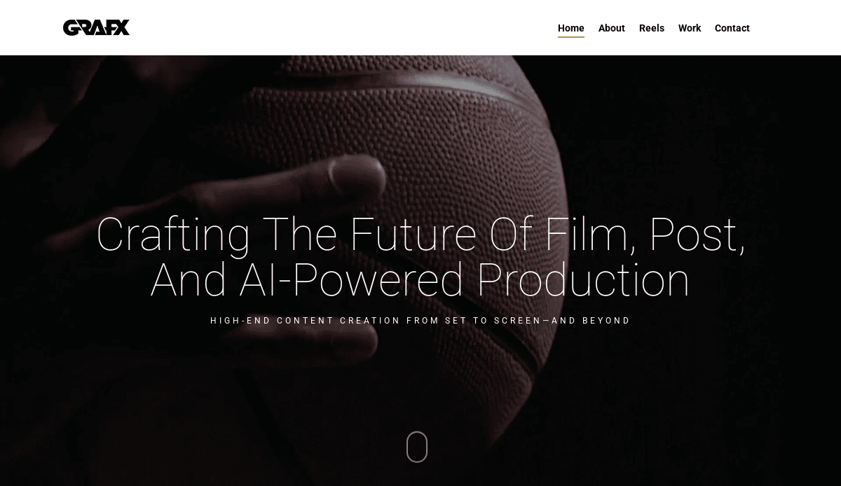A close-up of a hand holding a basketball is shown in the background. Overlaid text reads: “Crafting The Future Of Film, Post, And AI-Powered Production.” The website menu includes Home, About, Reel, Work, and Contact.