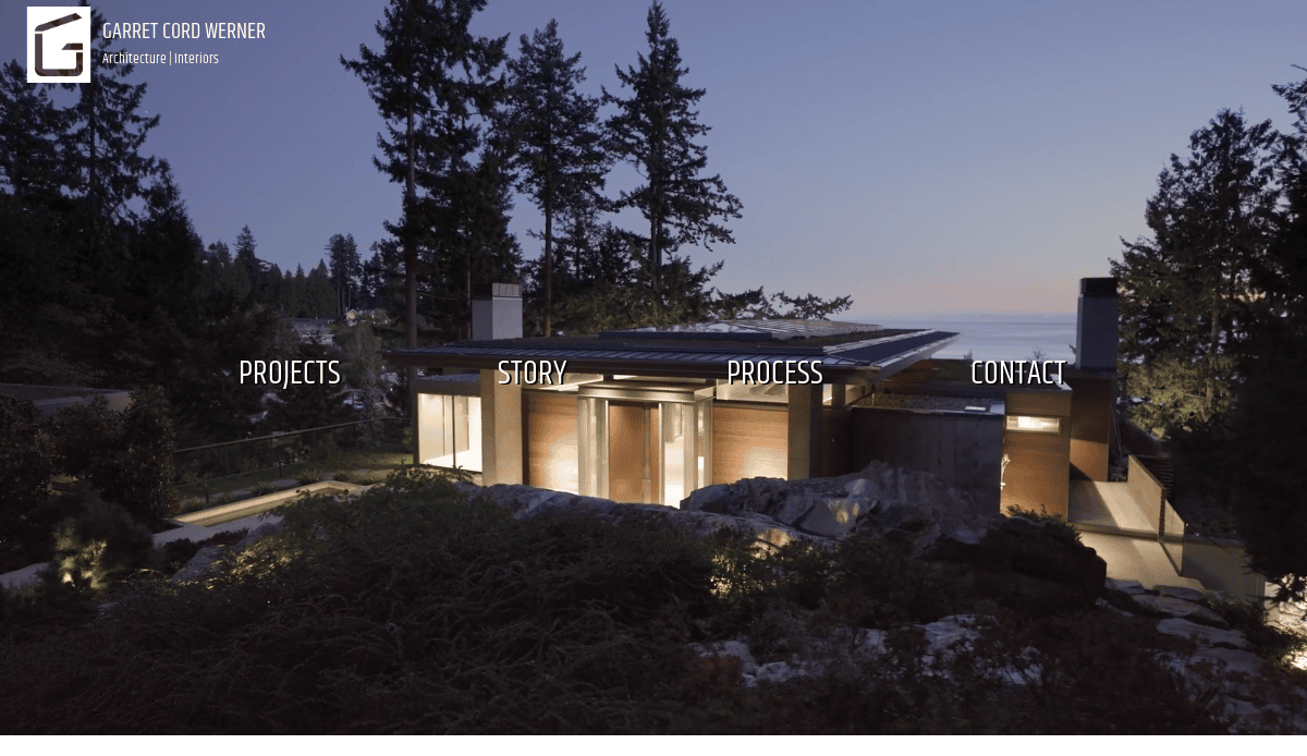 Modern house with large windows, surrounded by trees and landscape lighting, at dusk. The sky is clear with a hint of sunset. Menu options—Projects, Story, Process, Contact—are displayed over the image.