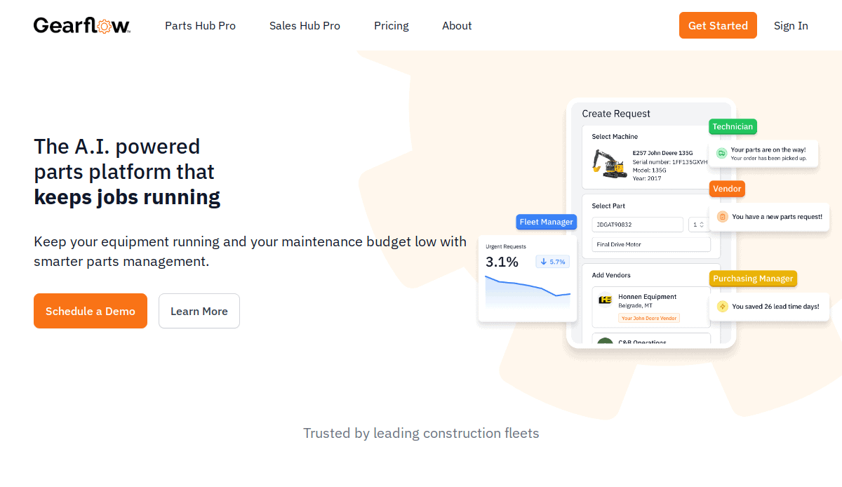 Homepage of Gearflow, featuring a headline about an AI-powered parts platform, demo buttons, and an illustration of a request form with labels for technician, vendor, fleet manager, and purchasing manager roles.