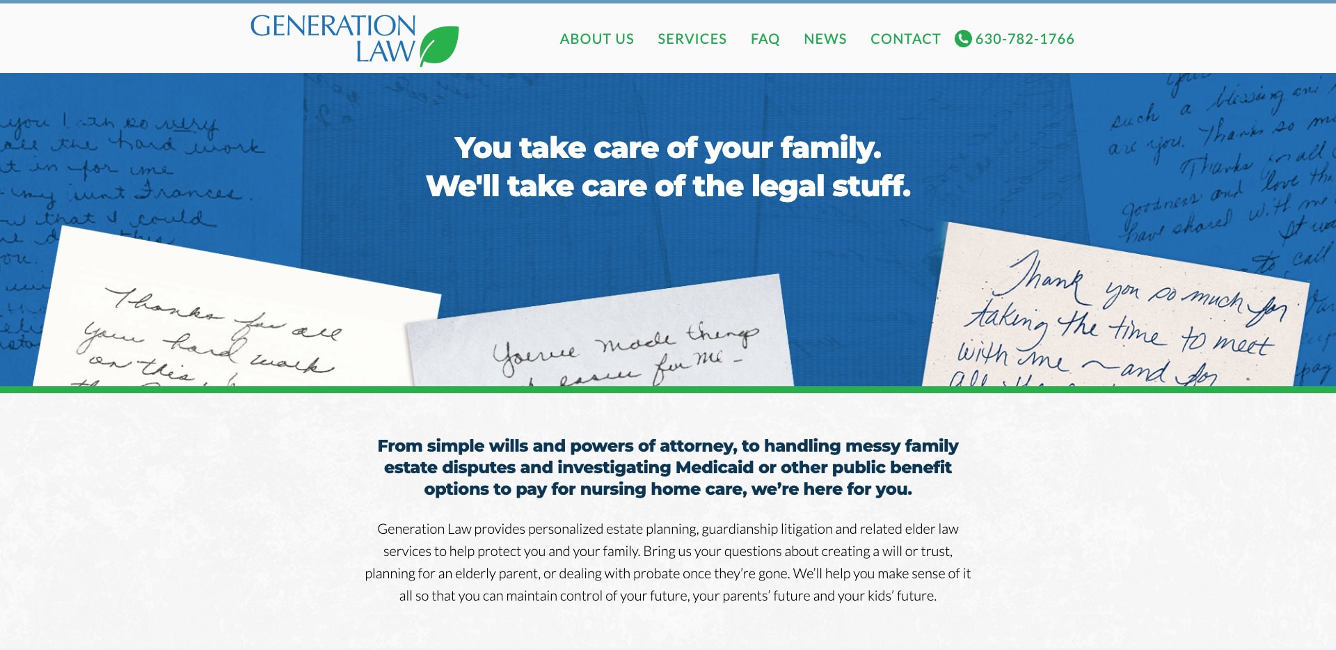 Homepage of Generation Law, showing handwritten thank you notes above a blue and white section with their tagline and a summary of services like estate planning, Medicaid, and elder law. The menu and contact number are at the top.