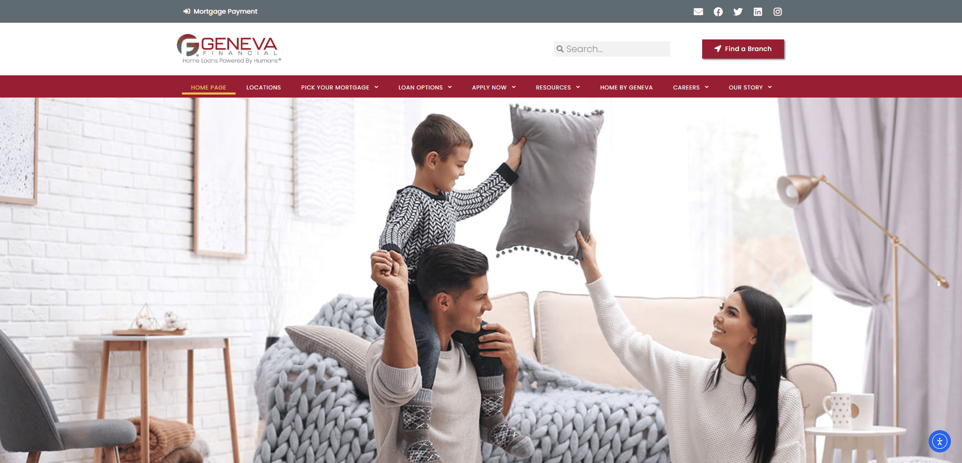 A smiling family sits in a cozy living room; a man lifts a young boy who playfully holds a pillow, while a woman smiles at them. Geneva Financial branding is visible at the top of the website.