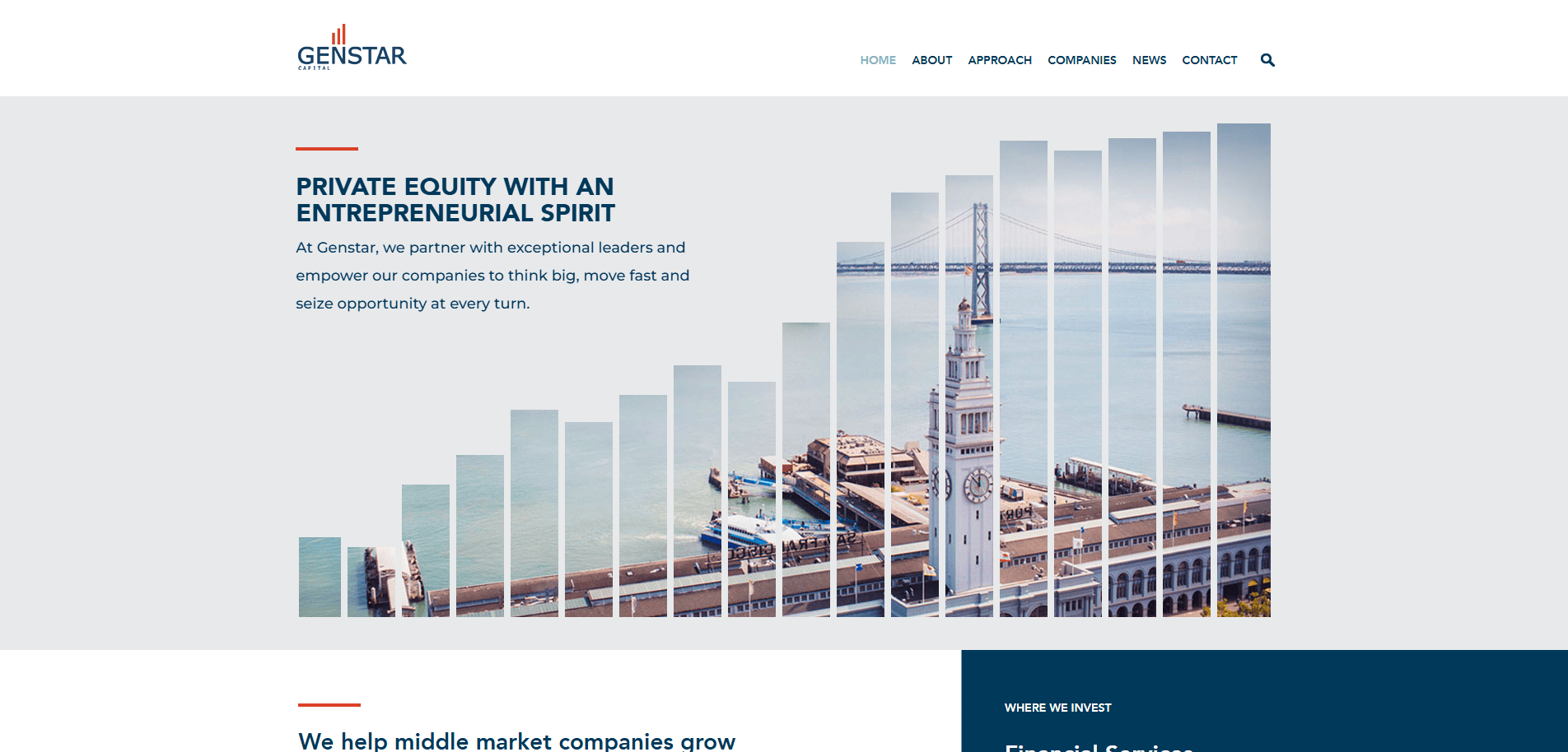 Screenshot of Genstar Capital’s website homepage, showing a stylized image of a waterfront building with ships. The text reads, Private Equity with an Entrepreneurial Spirit on the left side. Navigation links are at the top.
