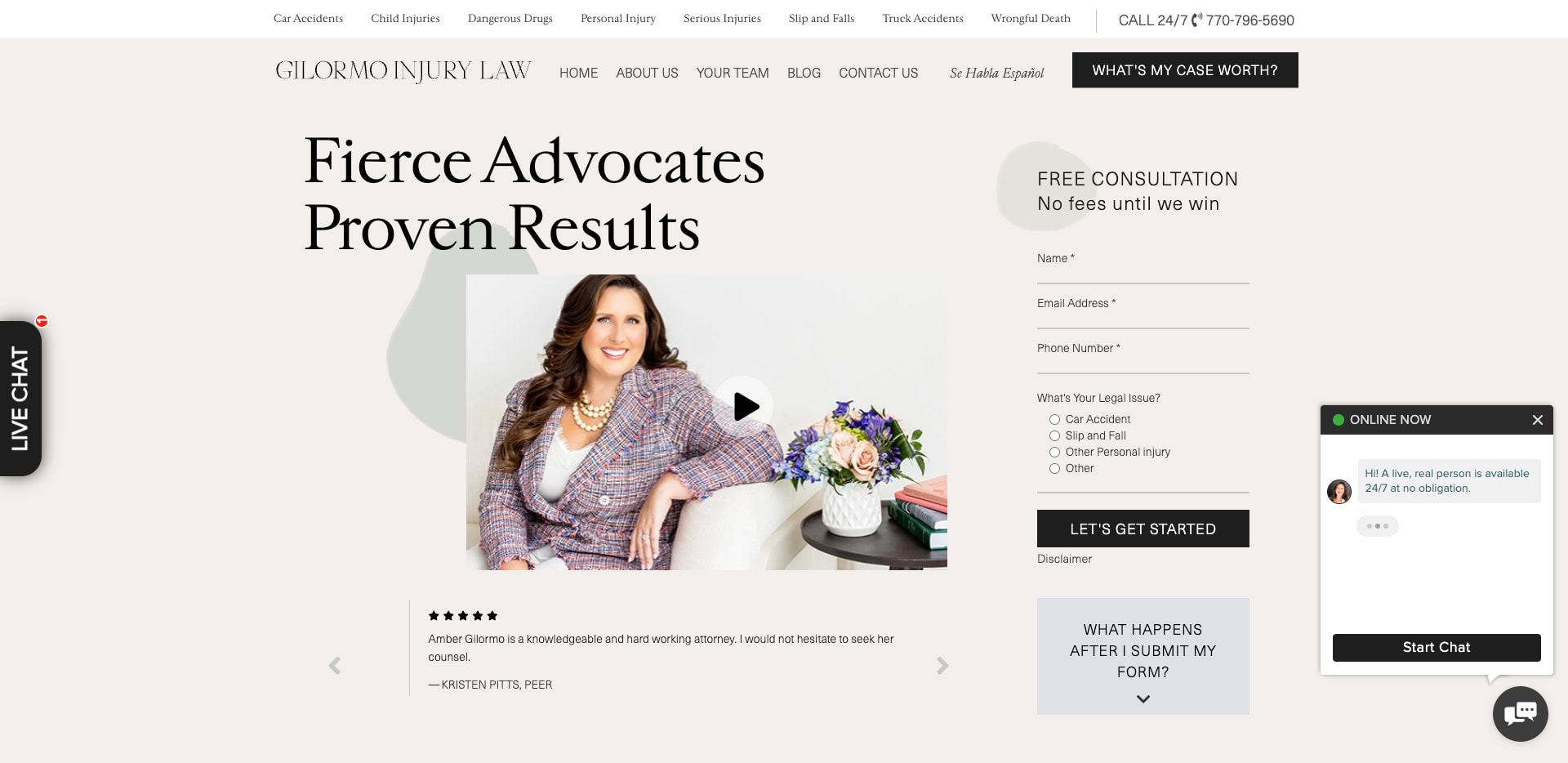 A woman in professional attire sits and smiles in a modern office, featured on a law firms website. The text reads Fierce Advocates Proven Results. A chat box and contact form appear on the right.