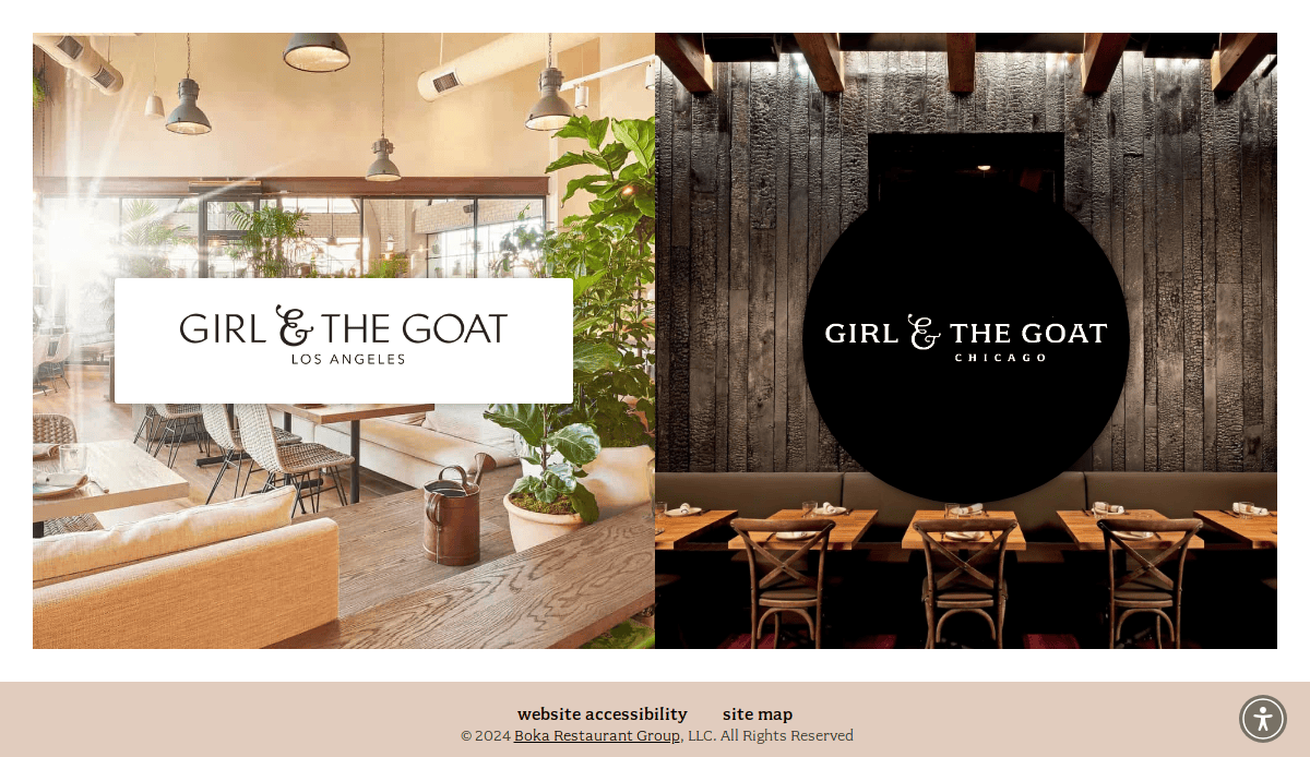 Split image: left shows bright, airy dining room with “Girl & The Goat Los Angeles” text; right shows darker, rustic dining room with “Girl & The Goat Chicago” text in a black circle.