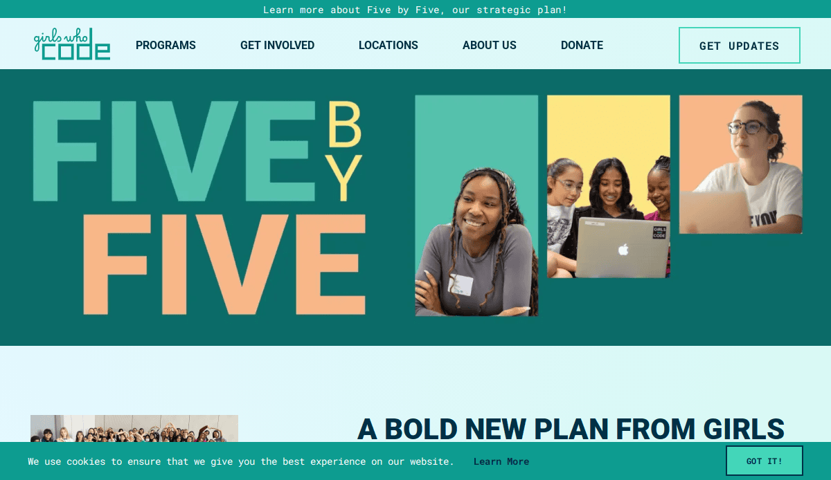 Website banner for Girls Who Code’s Five by Five plan, with large text “FIVE BY FIVE” and photos of smiling girls, one alone and three collaborating on a laptop, against teal and yellow backgrounds.