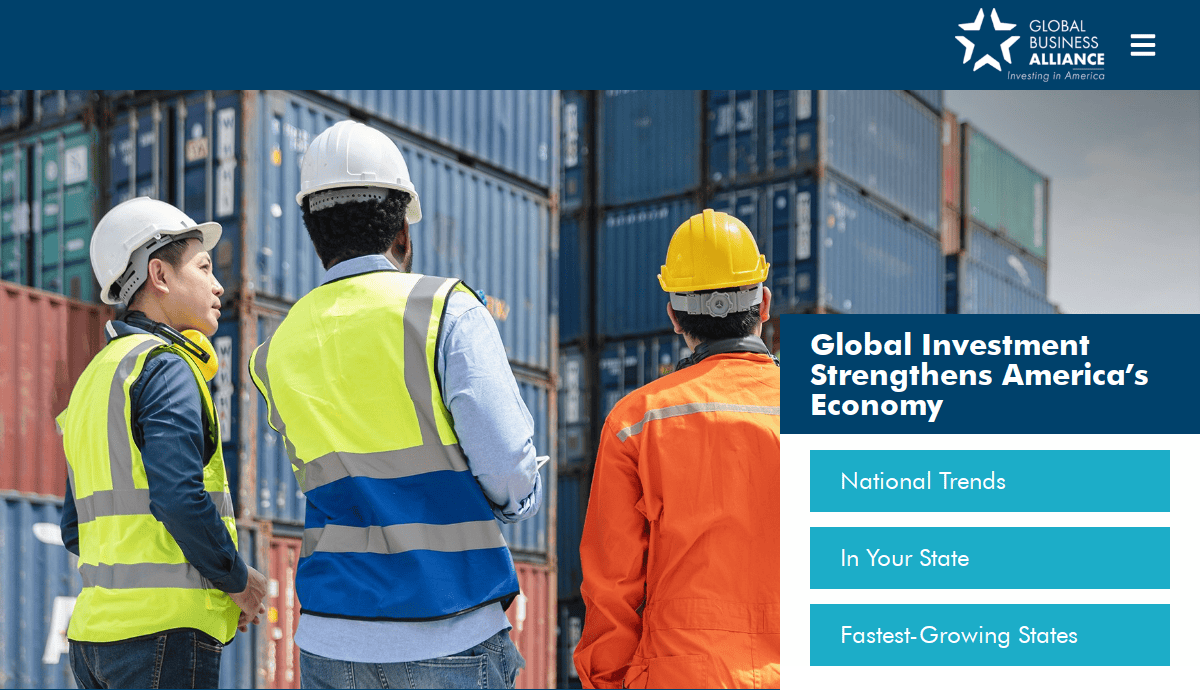 Three workers wearing safety gear stand in front of stacked shipping containers. The text promotes global investment strengthening Americas economy, with menu options for trends and state information.