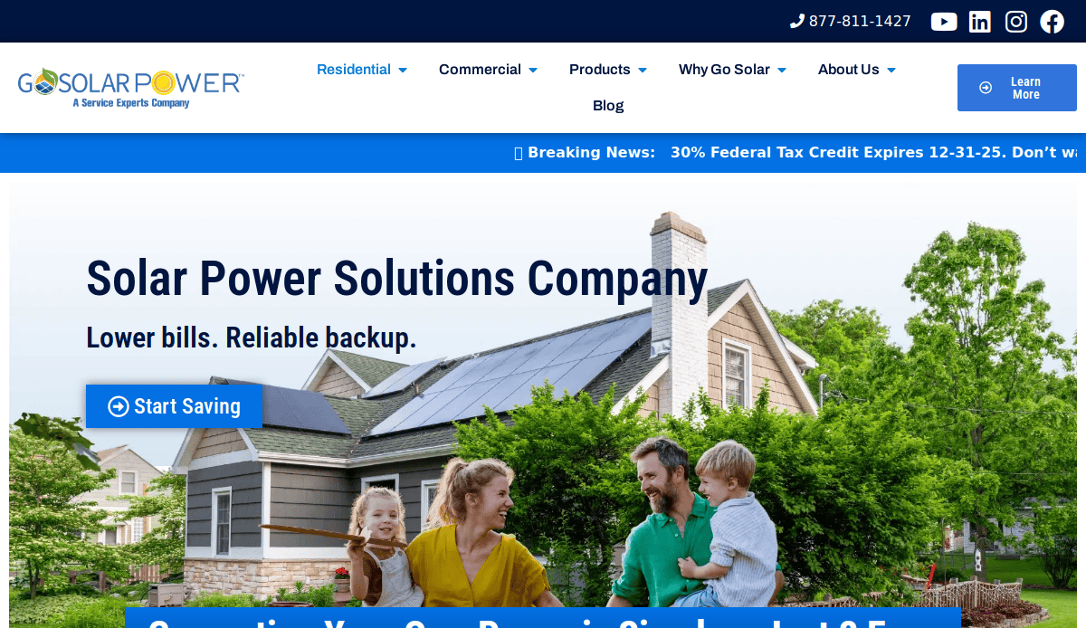 A happy family plays outside their home with solar panels on the roof. The website headline reads Solar Power Solutions Company with a Start Saving button, and a banner promotes a federal tax credit for solar panels.