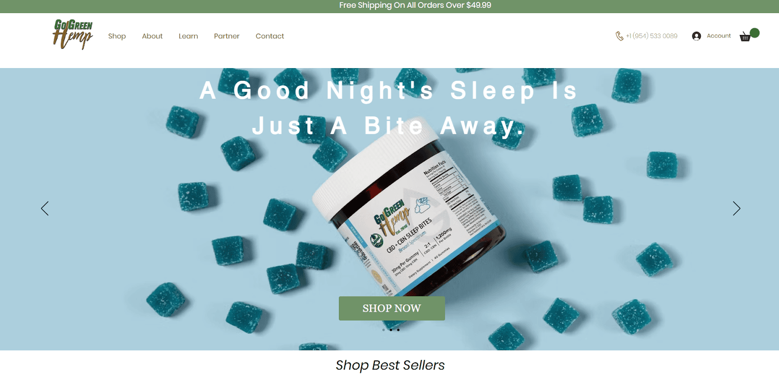 A jar labeled “GoGreen Hemp” lies on its side, surrounded by blue gummy cubes on a pale blue background. Text above reads, “A Good Night’s Sleep Is Just A Bite Away.” A green Shop Now button is below the jar.