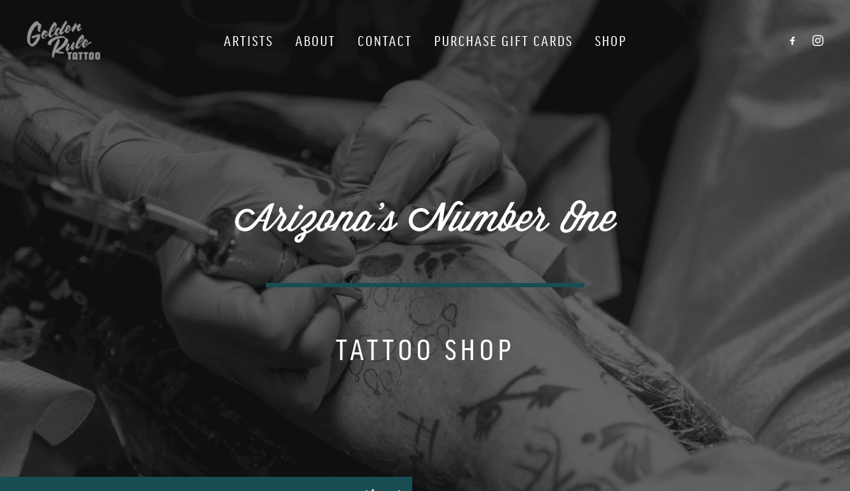 A tattoo artist wearing gloves works on a client’s leg, surrounded by tattoo designs. Text reads: “Arizona’s Number One Tattoo Shop.” Website navigation menu is visible at the top.
