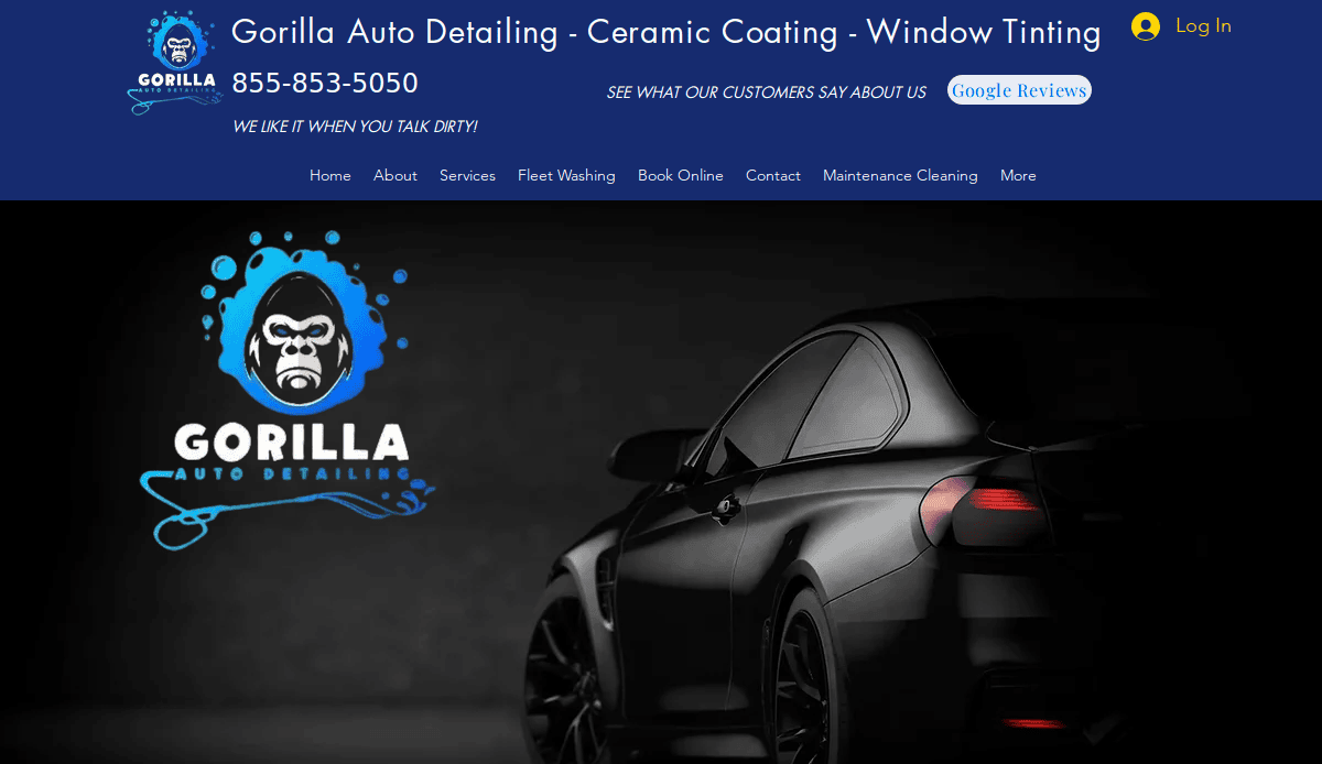 Website homepage for Gorilla Auto Detailing, featuring a matte black sports car on a dark background and the Gorilla Auto Detailing logo with a gorilla face and blue bubbles on the left.