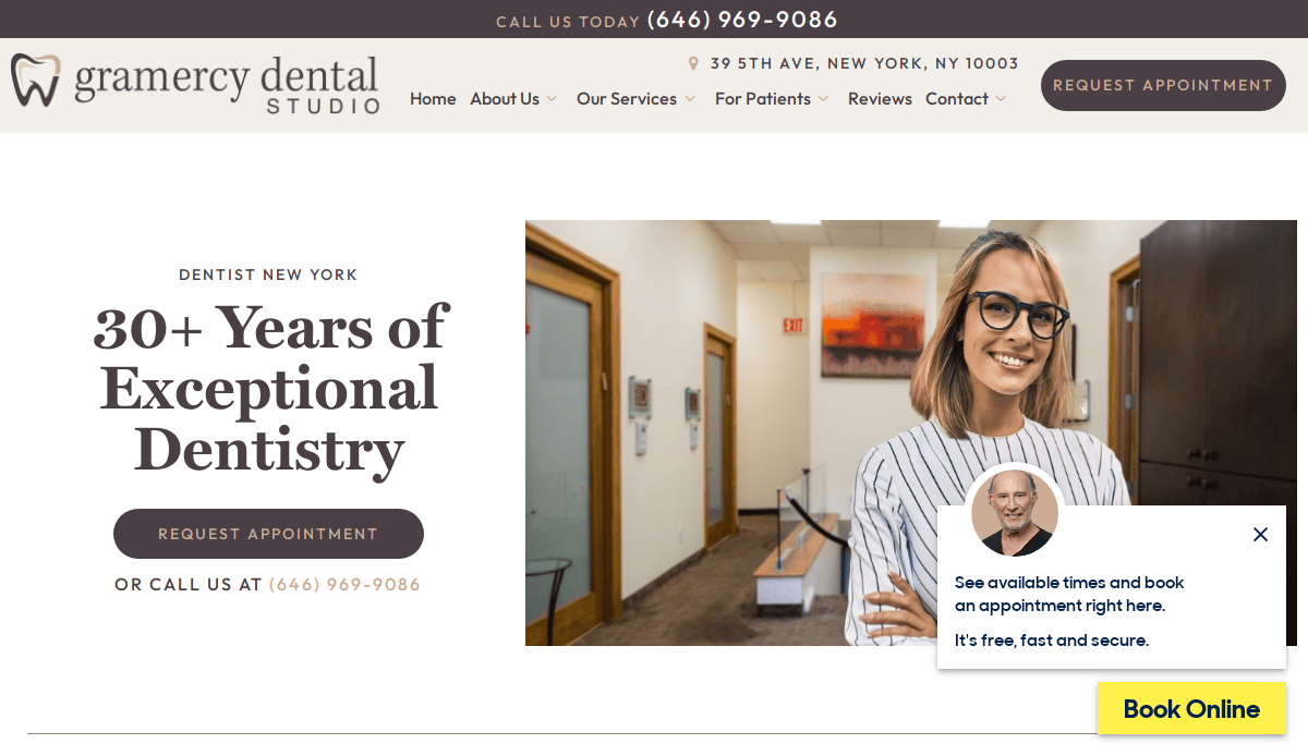 Homepage of Gramercy Dental Studio featuring a smiling woman in a striped shirt, text promoting 30+ years of dentistry, contact info, and buttons to request or book an appointment online.