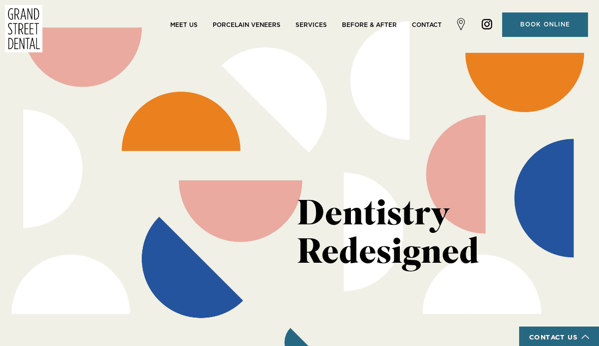Website homepage for Grand Street Dental featuring colorful semicircle shapes, a navigation menu, “Dentistry Redesigned” text, and buttons for booking online and contacting the dental office.